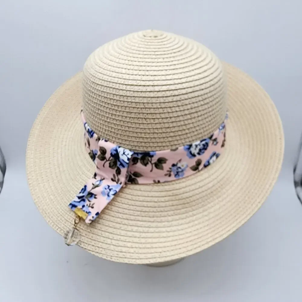 Marcus Adler Womens Straw Hat Short Brim Floral Tie Round Top Vacation Beach